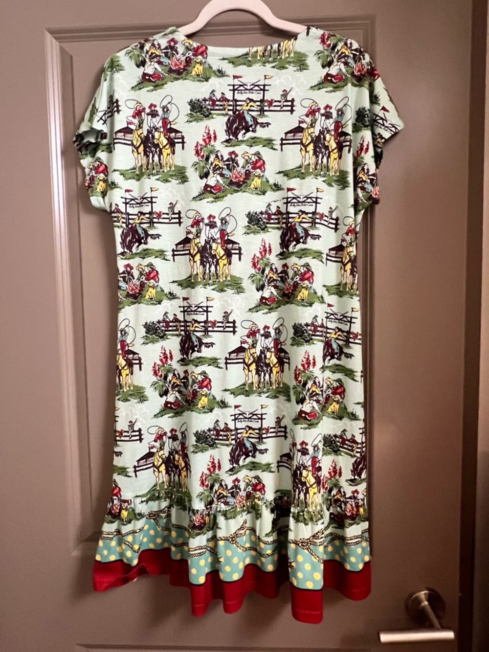 Double D Ranch Cowgirl Cowboy Print Ruffle Hem Dress Size Medium - Picture 3 of 5